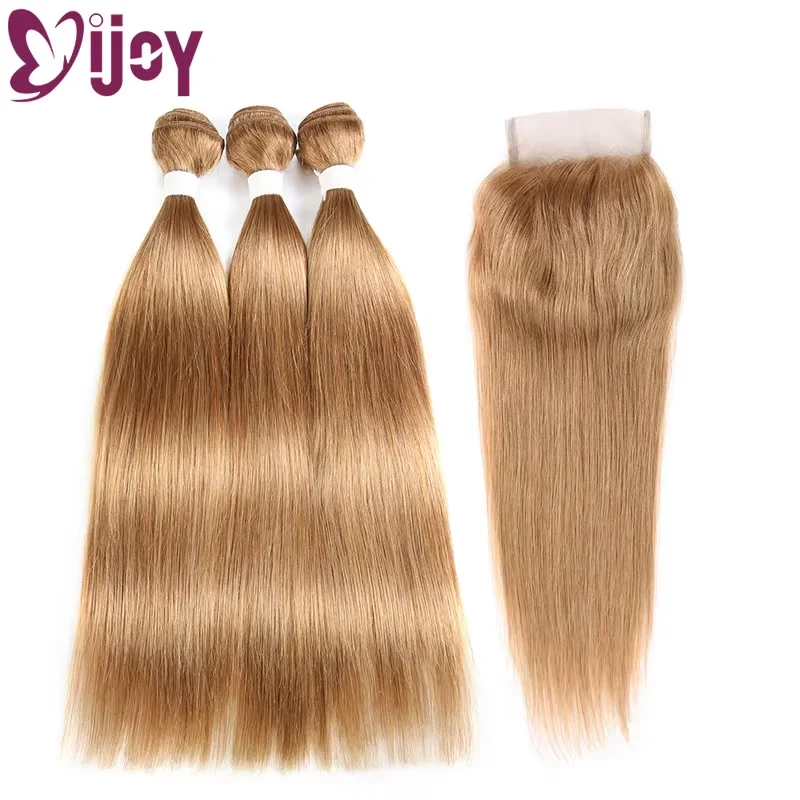 Pacotes de cabelo humano reto com fechamento brasileiro remy cabelo 3/4 pacotes com fechamento 4x4 mel loira pacotes com fecho ijoy