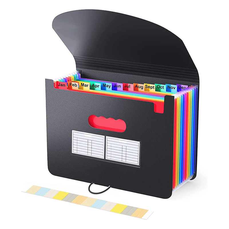 12 Pockets Expanding File Folder A4 Letter Size Portable Document Holder Black Filing Folder Desk Storage Accordion File Product