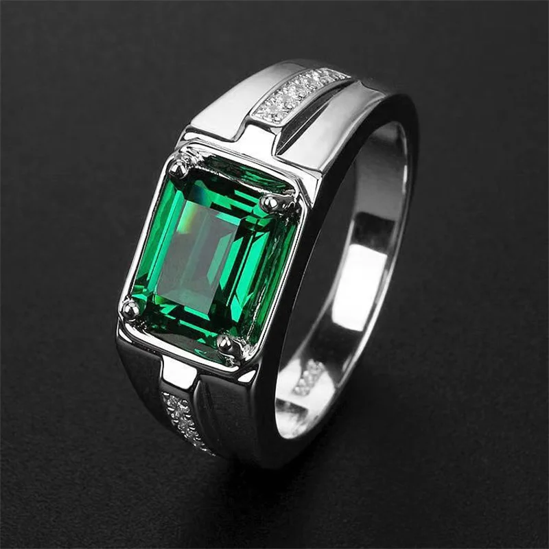 New Arrival Men Ring Crystal Green Blue Rectangle Finger Accessories Fashion 925 Sterling Silver Ring Male Jewelry