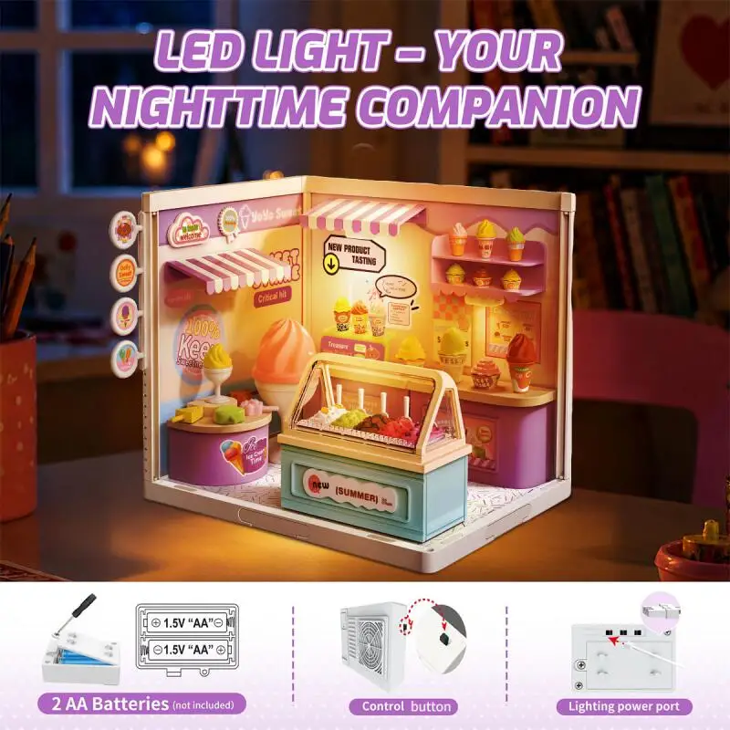 DIY Handcrafted Milk Tea Store With Lights Ice Cream Miniature Scene Hut Kids Toys Gifts Furniture Assembly Model Decoration