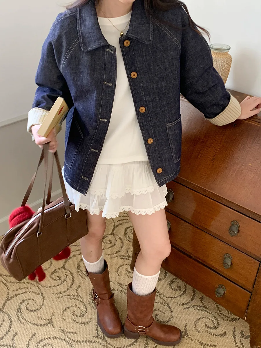 

Осенне-зимняя повседневная хлопковая теплая джинсовая куртка в полоску с манжетами и длинными рукавами для женщин, новый стиль, уютная верхняя одежда