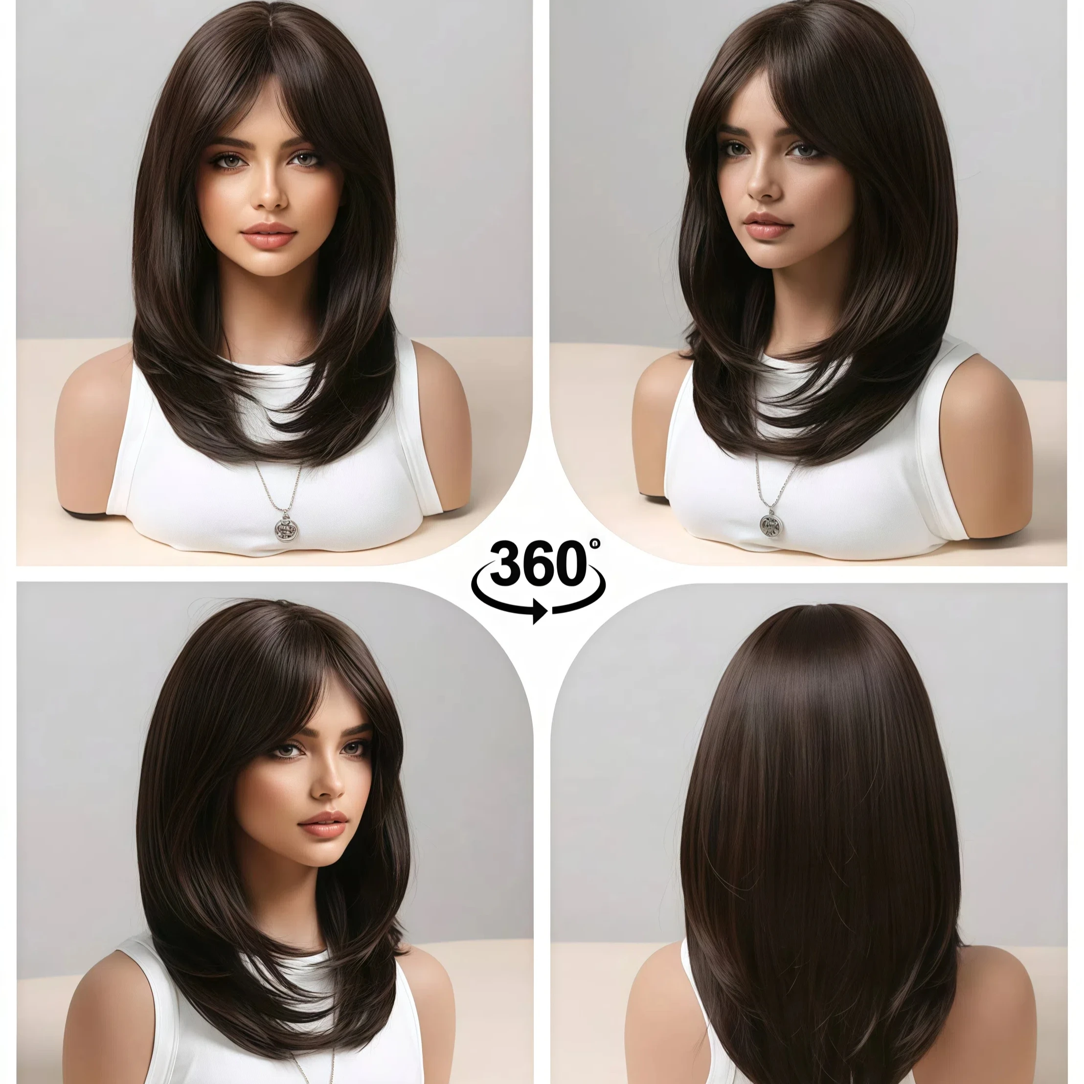 شعر صناعي مفرود بني متوسط الطول، طراز أوروبي وأمريكي للنساء مناسب للارتداء اليومي وأعياد الميلاد