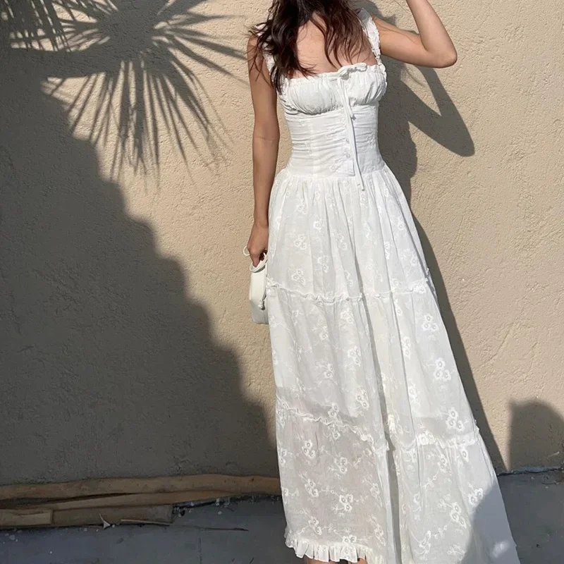 Simple Elegant Square-neck White Maxi Dress Summer Slim Lace Up Sleeveless Dreses French Party Beachwear Casual Vestidos