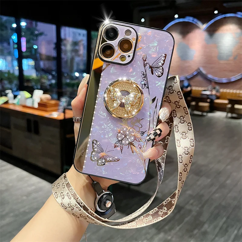 

Luxury Mirror 3D Butterfly Ring Stand Phone Case For iPhone 14 13 12 11 Pro Max X XR XS 7 8 Plus SE2 Cover With Lanyard Holder