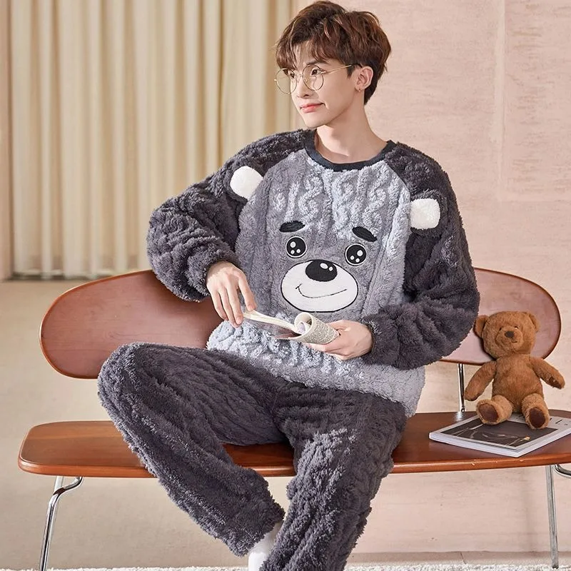 

2024 Pajamas Men's Autumn Winter Coral Velvet Sleepwear Thickened Plus Size Cartoon Loungewear Teen Loose High Value Homewear