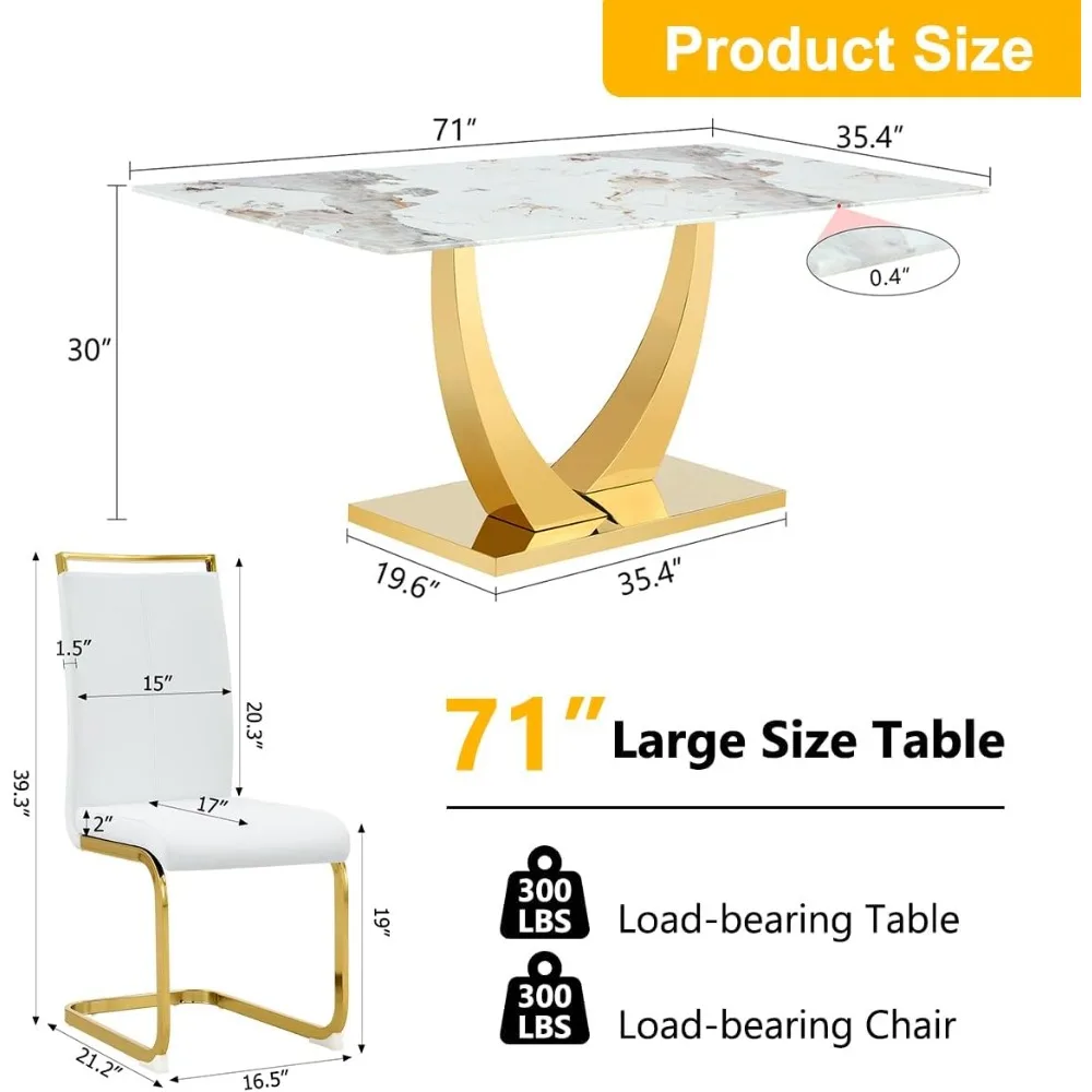 Dining Table Set for 6, Rectangular Dining Room Tables Set, Gold Kitchen Table and 6 White PU Leather Chairs