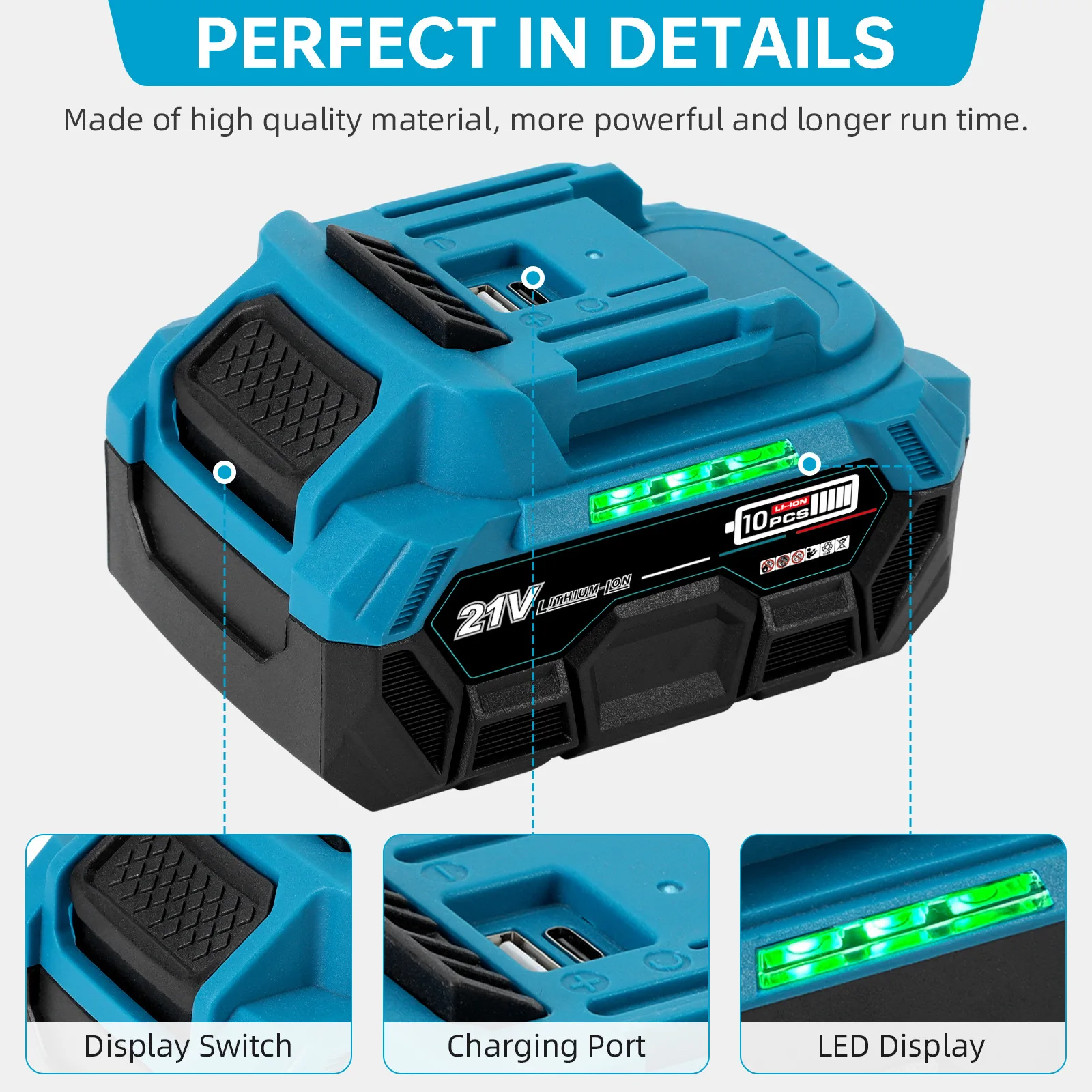 High-Quality 21V 3/4/6Ah Replacement Battery for Makita 18V LXT BL1850 BL1840, Type-C Fast Charging with BMS Safety Protection