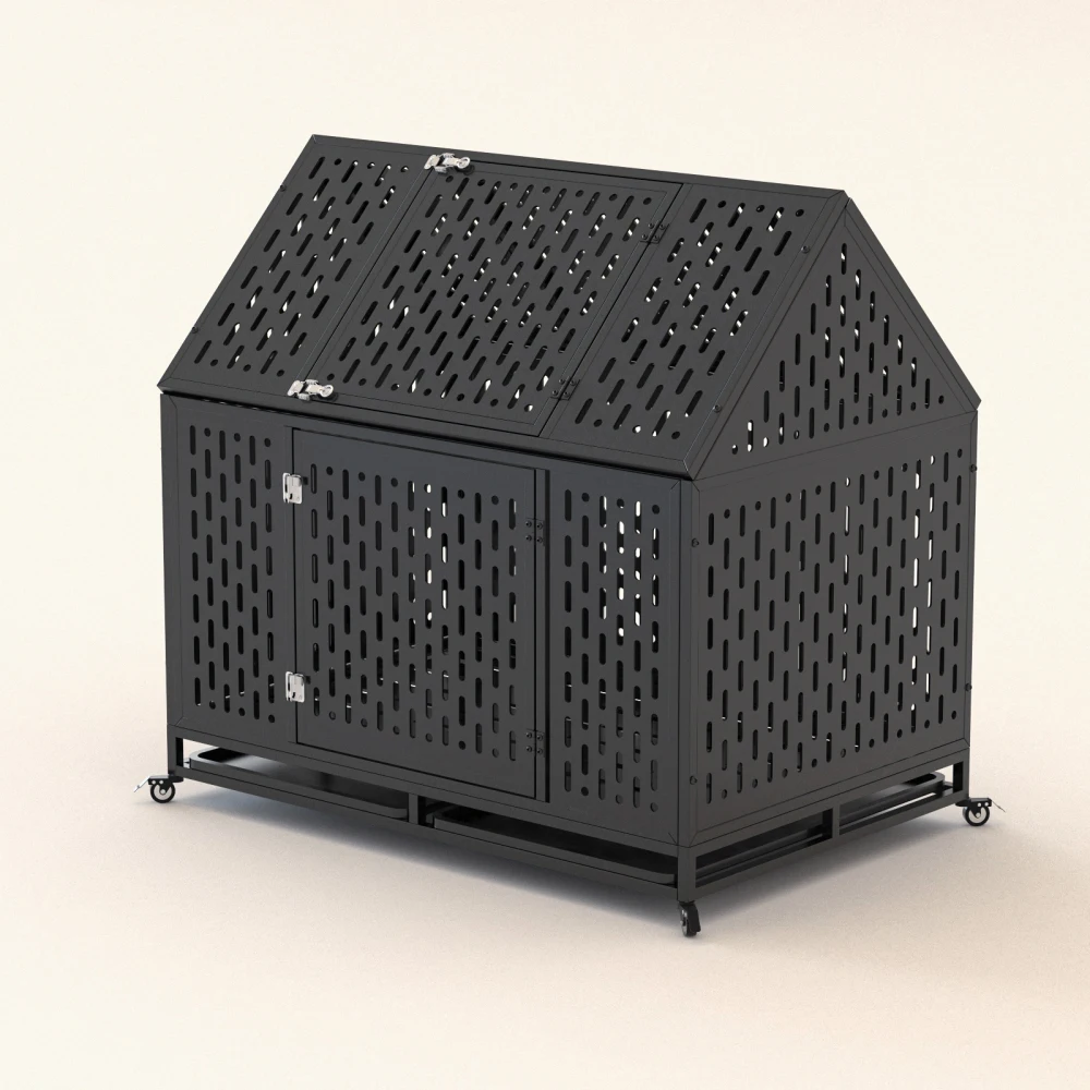 45 inch Indestructible Pet Dog Cage Crate Kennel with Roof Top 2 Doors Removable Trays, Lockable Wheels, Escape-Proof