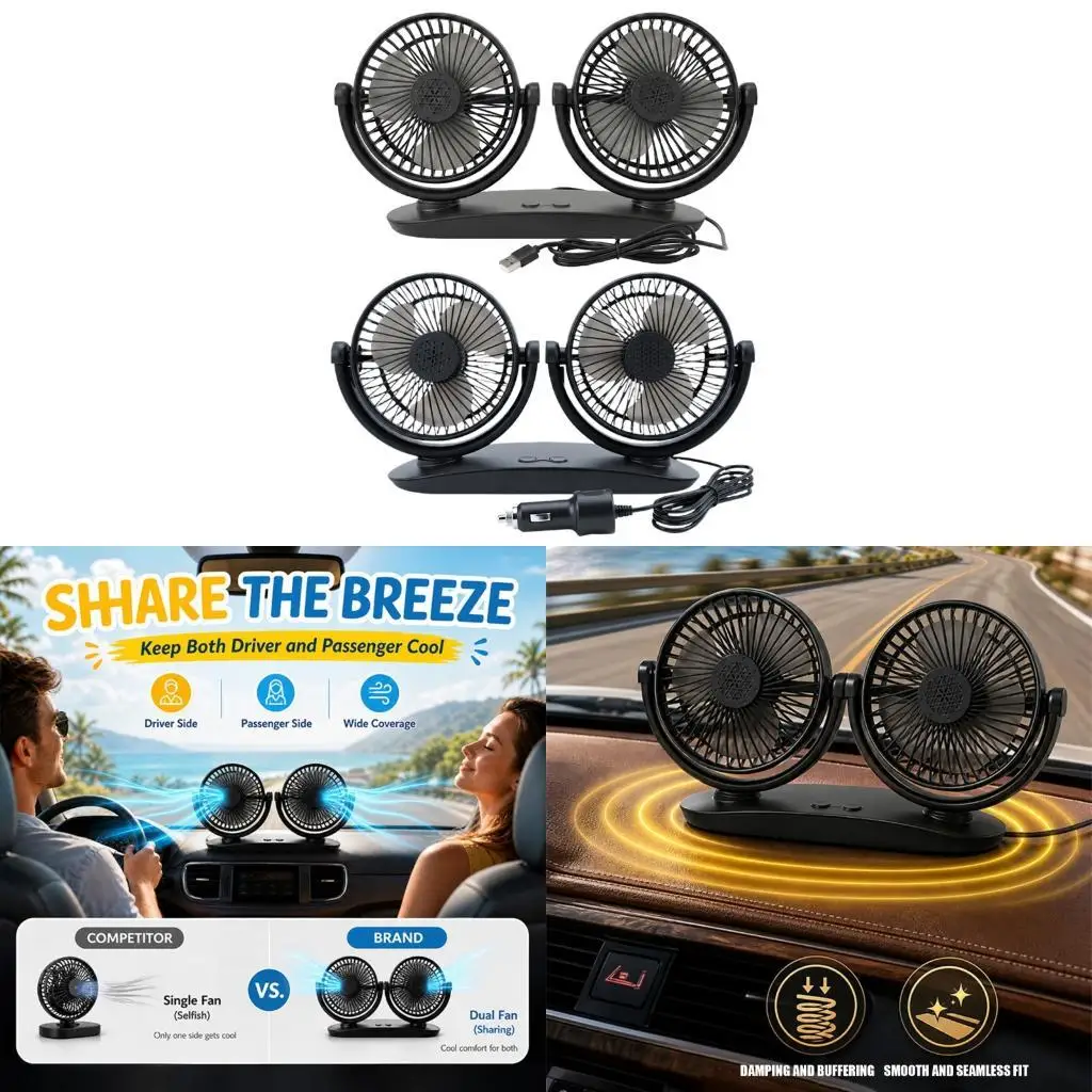 12V 24V Double Head Fan With Wide Airflows Universal For Cars And SUVs