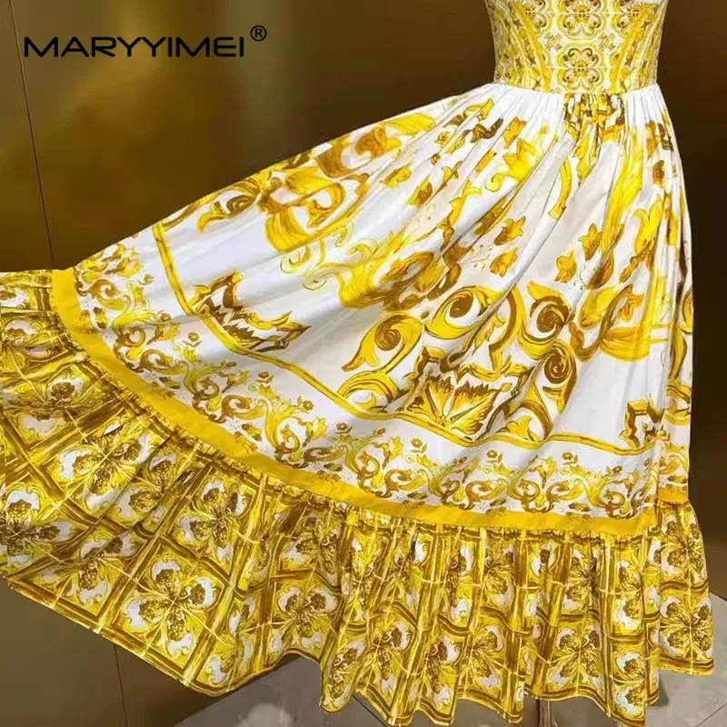 MARYYIMEI Fashion Designer Summer Woman\'s Cotton Square-neck Sexy Spaghetti Strap Backless Baroque Print Beach Style Dresses