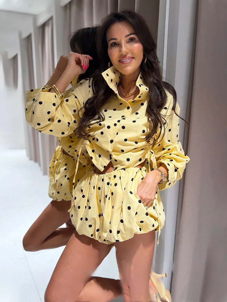 HH Women New Fashion Casual Loose High Collar Single Breasted Shirring Polka Dot Coat+Elastic High Waist Balloon Fit Shorts Suit