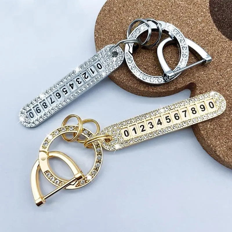 Bling Crystal Number Keychain Anti-Lost Rhinestone Phone Number Tag With Holder Key Rings Holder Women Car Keyring Accessories