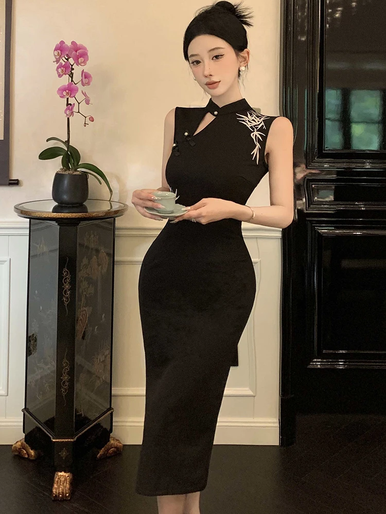 Summer Black Elegant Embroidery Stand Collar Dress Women Fashion Bodycon Sleeveless Dress 2025 Korean Vintage Hepburn Prom Dress