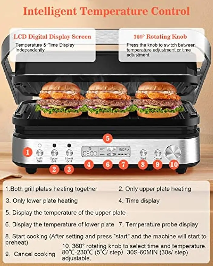 5 in 1 Indoor Grill, Panini Press Grill Sandwich Maker, CATTLEMAN CUISINE Electric Contact Grill and Griddle