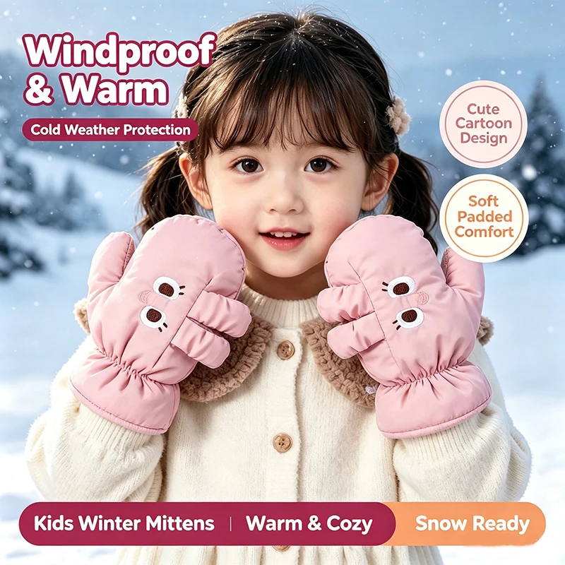 2-5 Years Old Kids Boys Girls Cartoon Bear Full Finger Gloves Winter Thick Warm Gloves Toddler Outdoor Cold-Proof Mittens