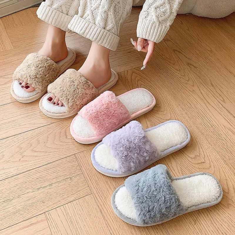 Zapatillas de invierno de piel rosa para mujer, suela suave de felpa, zapatos planos y cálidos para interiores, chanclas cómodas antideslizantes para dormitorio