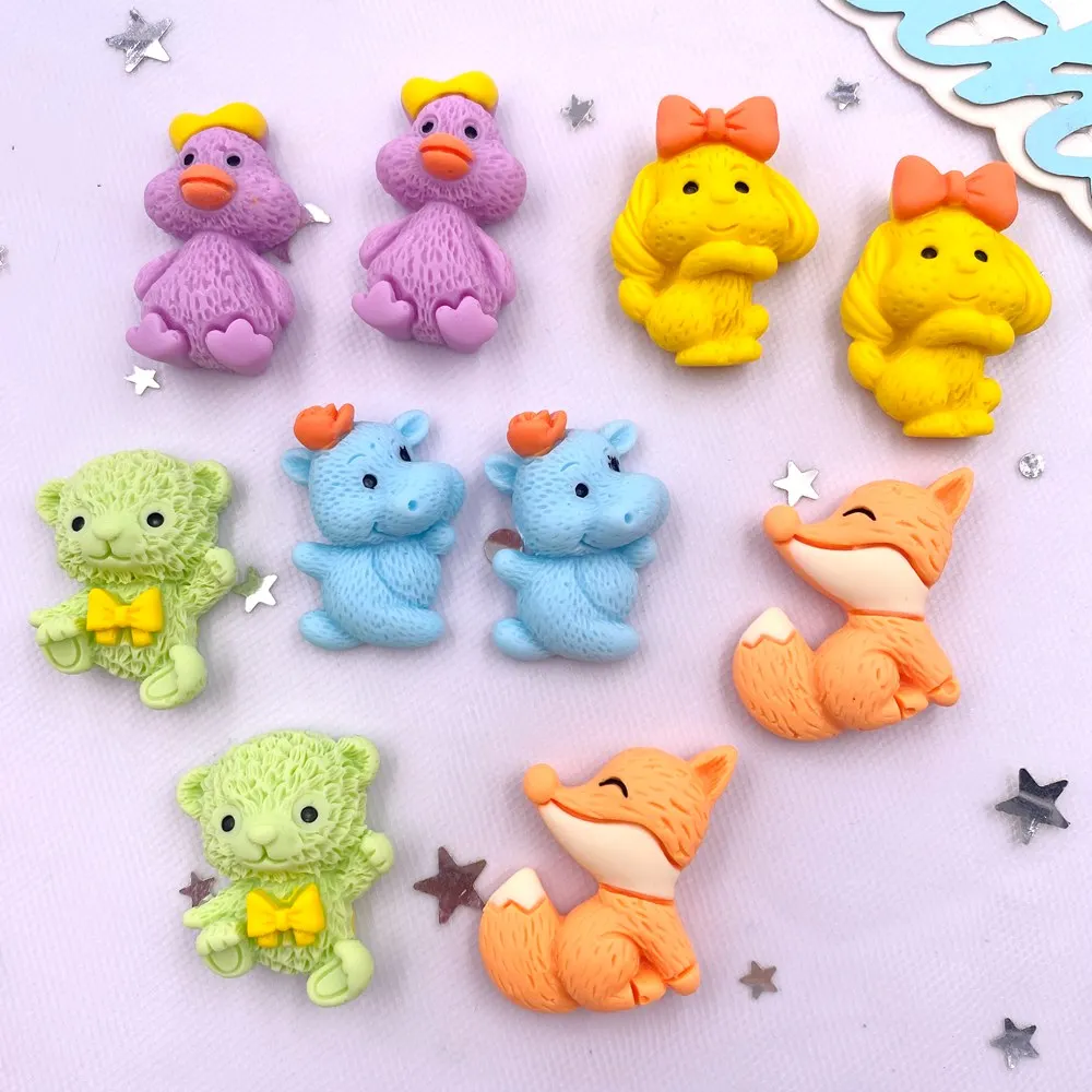 10PCS Painted Resin Kawaii Colorful Bowknot Fox Bear Ox Duck Dog Flatback Stone Scrapbook Figurines DIY Decor Accessories Crafts