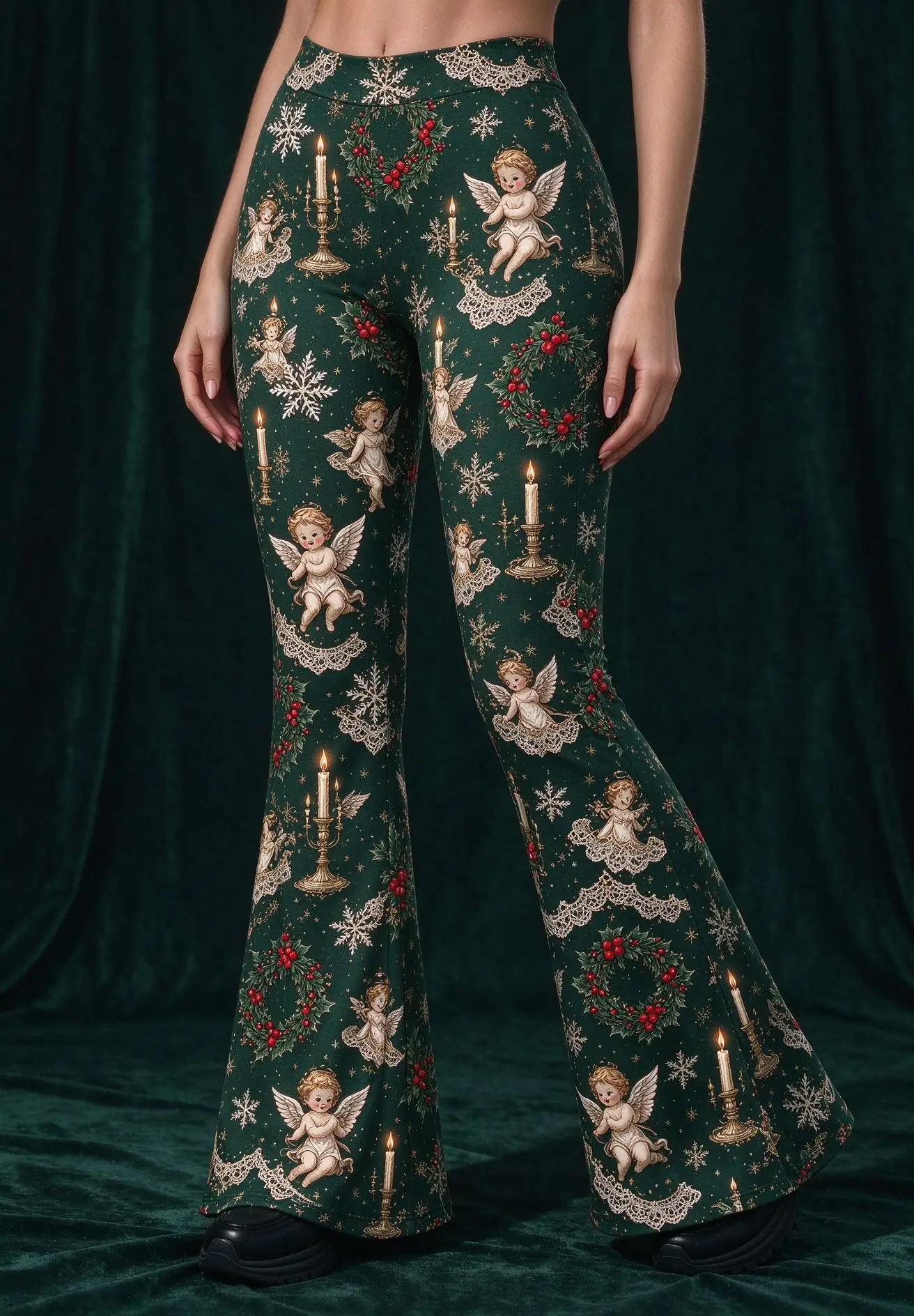 Women Mid-Rise Slim Flared Pants Christmas Dark Green Poinsettia Floral Snowflake Print Stretch Bell Bottoms