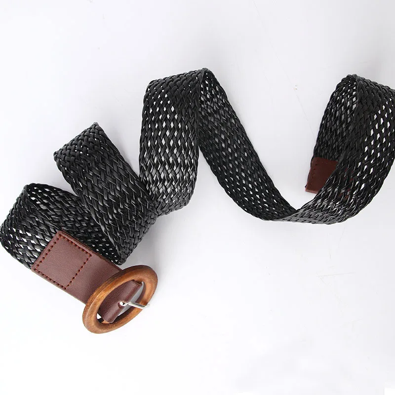 Woman Fashion Belts Vintage Straw Plaited Style Belts No-hole Design Wooden Buckle Woman Apparel Accessories