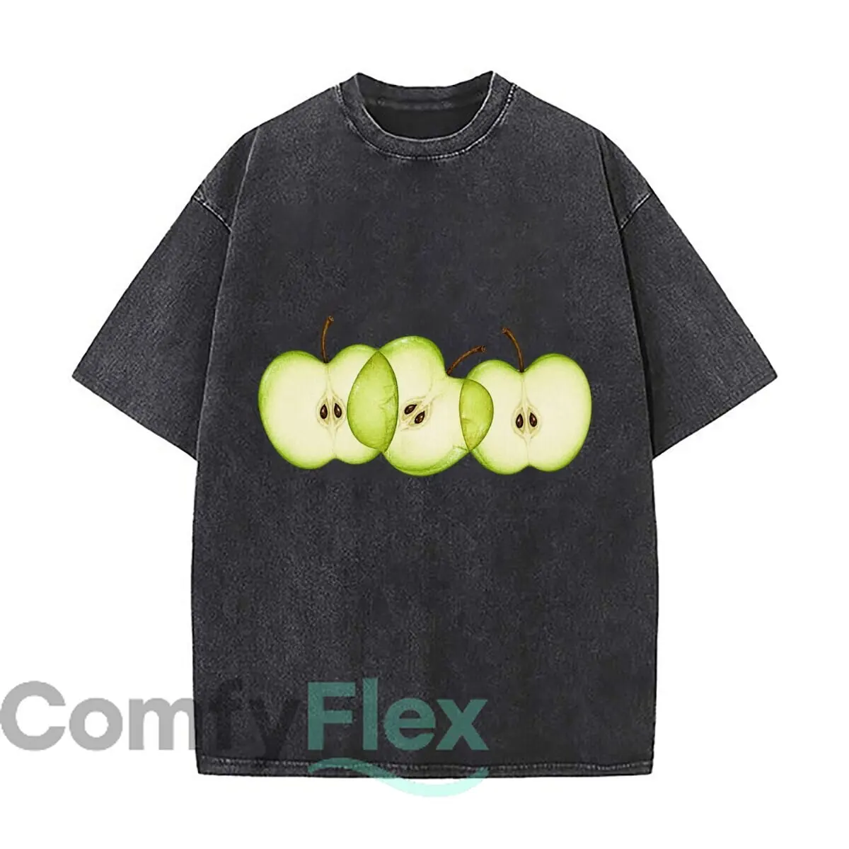 Watercolor Green Apple Slices Botanical Fruit Illustration Vintage Distressed Loose Streetwear Tops for Campus Days
