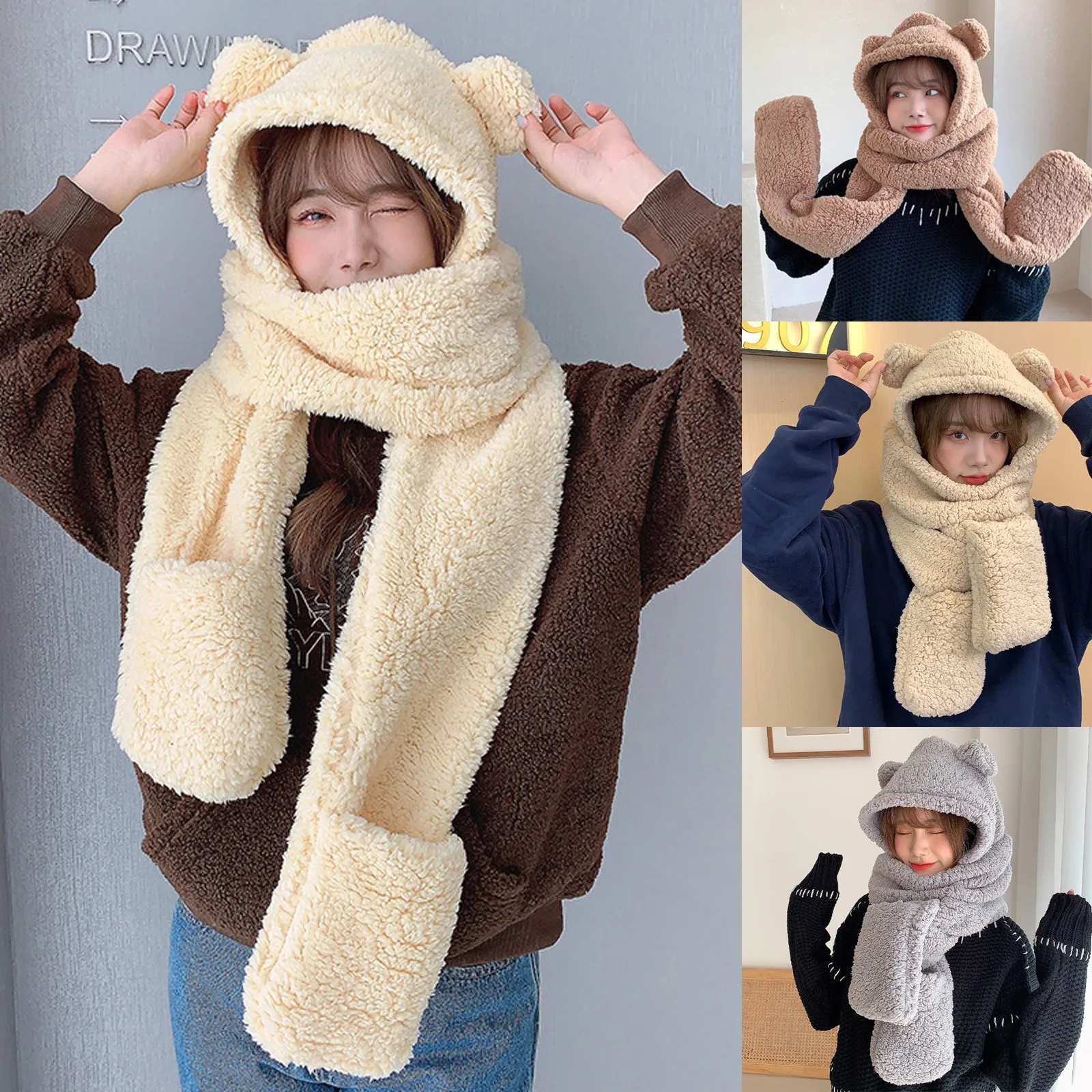 Hat Scarf Gloves Women Cute Cartoon Thick Hat Ear Protectors Warm Plush Hat Thickened Cute Little Bear Plush Hat Windproof Ear