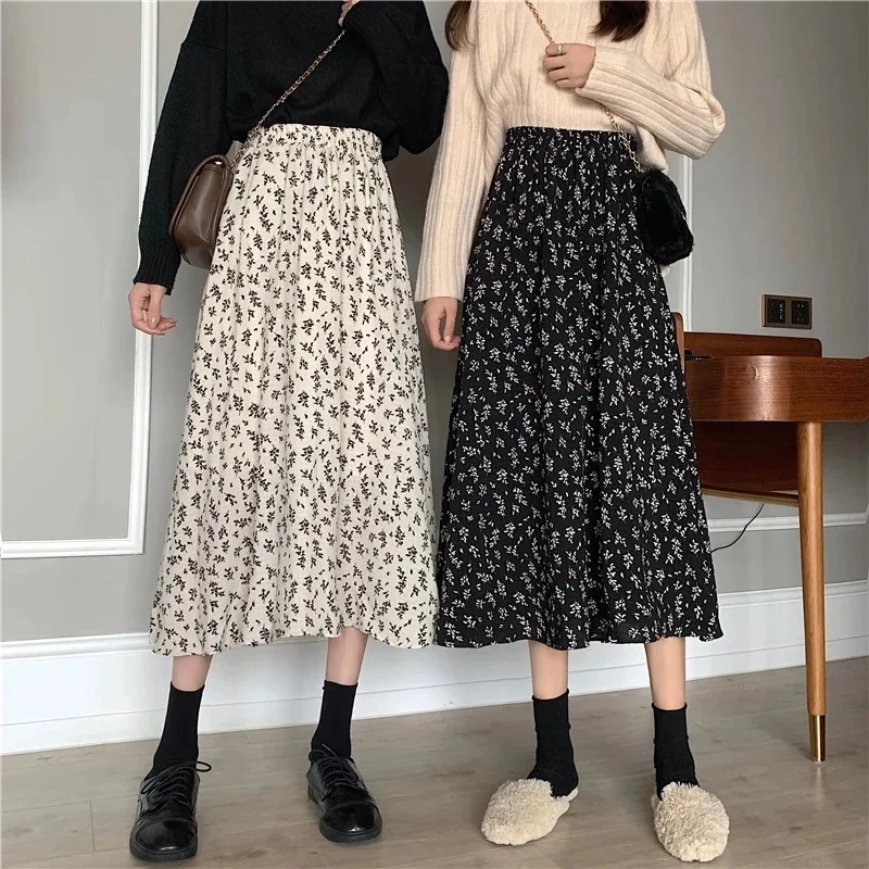 Long Skirts Summer Women Vintage Floral Print A-line Pleated 2023 Korean Skirt Streetwear Drawstring Elastic Waist Midi Skirt