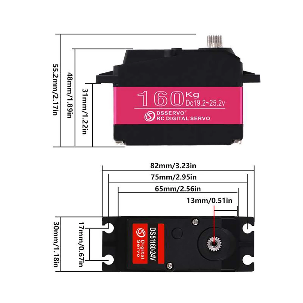 DS51160 160KG RC Servo 24V Robot Servo digitale ad alta coppia impermeabile IP66 con braccio Servo 18T 180 270 gradi per Robot per auto 1:5