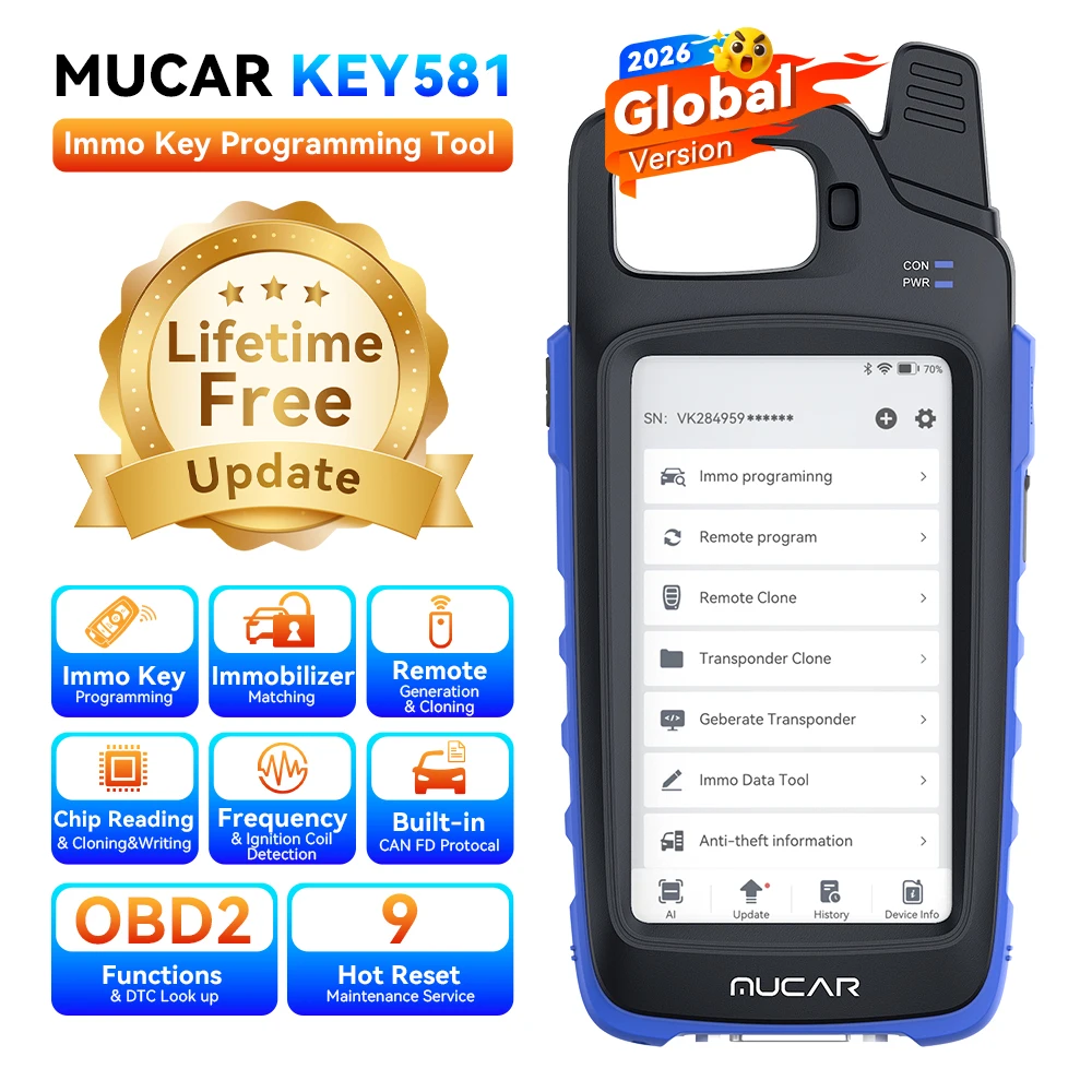 

MUCAR KEY581 Immo Инструмент программирования ключей OBD2 Сканер Ключ Обнаружение частоты Генерация соответствия чипа Чтение Клон Запись