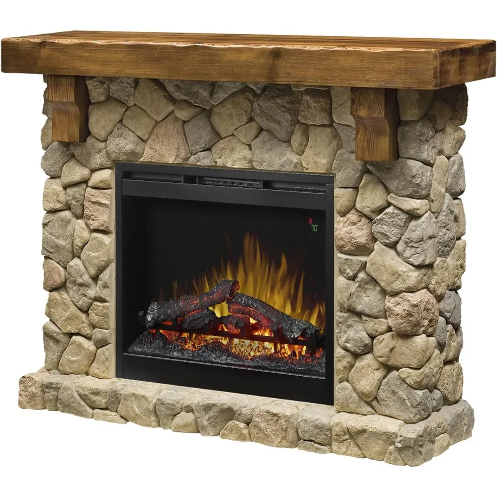 Electric Fireplace with Mantel Surround Package | Pine with Natural Stone-look, 26" Electric Fireplace