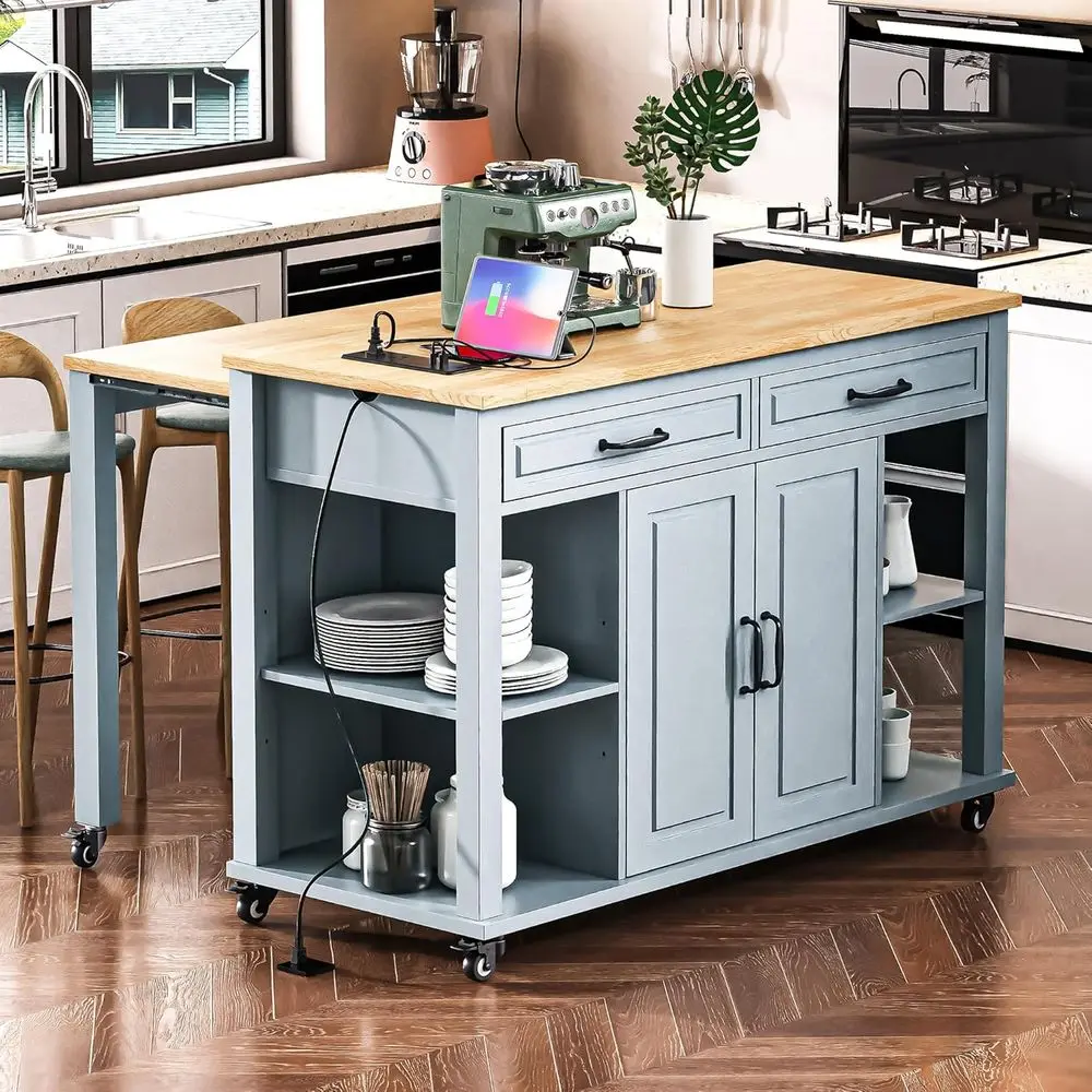 

47.2 Grey Blue Kitchen Island with Expandable Table, Power Outlet, Storage Drawers, Cabinets, and Adjustable Shelves