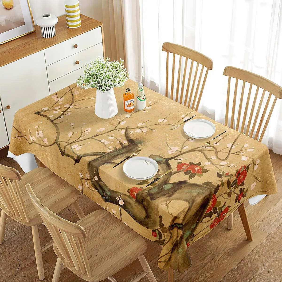 

Сливовая скатерть, китайские культурные элементы, картина, коричневый ствол, хаки, прямоугольная скатерть для столовой, кухни, украшения