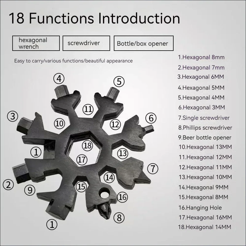 Car 18-in-1 Wrench Snowflakes Stainless Steel Portable Multifunctional Wrench Tool for Auto Octagonal Screwdriver Accessories