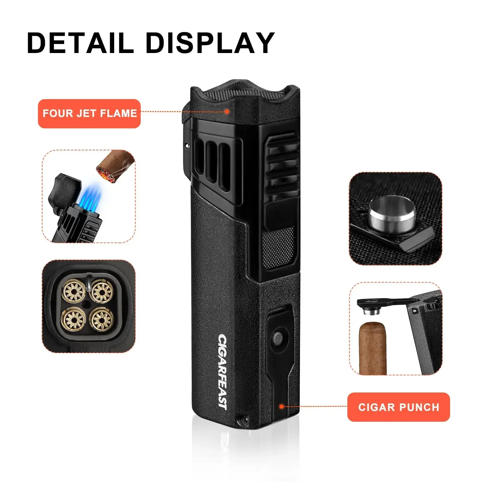 CIGARFEAST Cigar Torch Lighter Butane Refillable Smoking Weed Windproof  with Cigar Punch Mini Torch Holder on Top