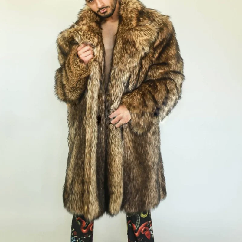 

Men Autumn Winter Thick Maxi Faux Fox Fur Coat Jacket Long Sleeve Warm Luxury Fur Black Parkas Bontjas Furry Shaggy Outerwear