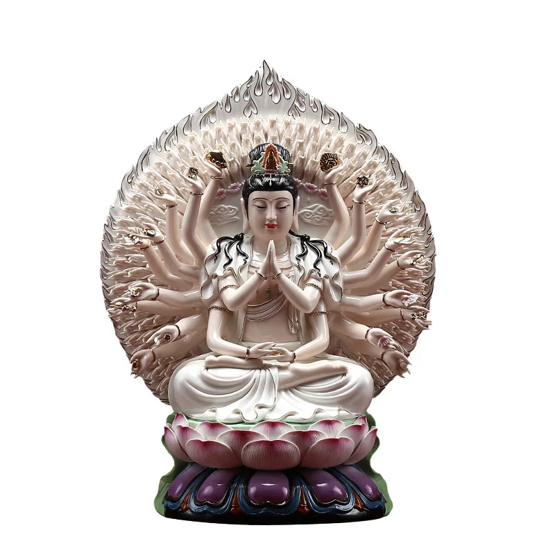 Ceramic lotus Guanyin Bodhisattva home offering 19-inch back screen thousand-handed Guanyin