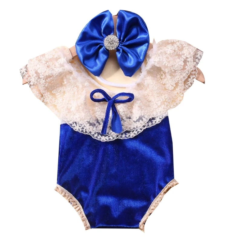 

Baby Girls Photo Suit Lace Jumpsuit Newborn Christmas Costume OnePiece Romper Bowknot Headband Photo Outfit 1560