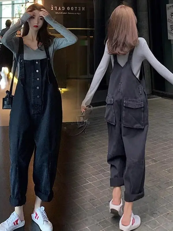 

Джинсовые комбинезоны для похудения, женские весенне-осенние большие размеры, модные брюки с бретельками, антивозрастной дизайн для полных сестер