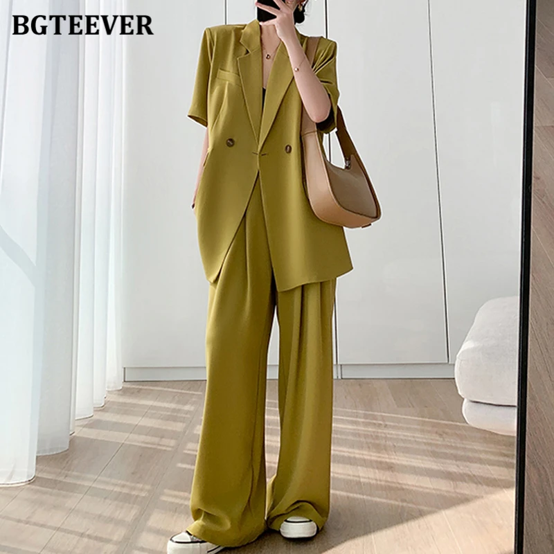 

BGTEEVER Chic Stylish Women 2 Pieces Blazer Set Short Sleeve Suit Jackets & High Waist Straight Suit Pants Summer Ladies Outfits