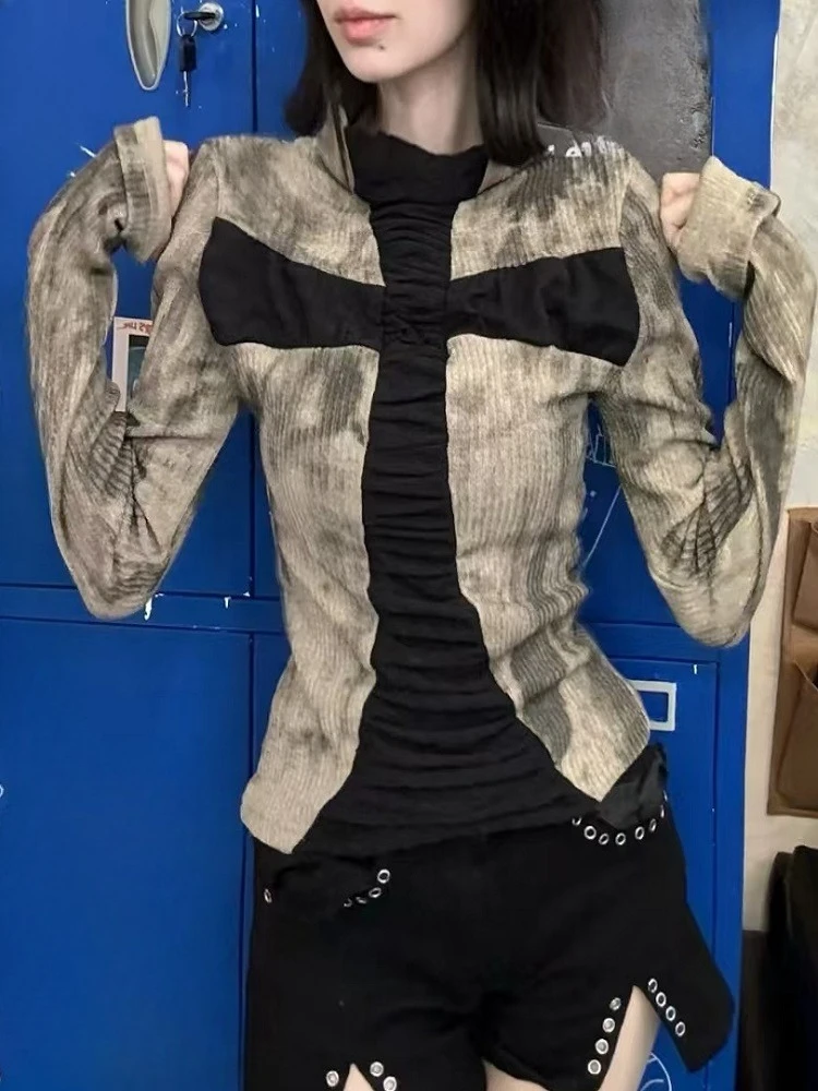 

Korean Y2k Slim T-shirt Women Vintage Harajuku Cross Print Aesthetics Grunge Tops Long Sleeve Hot Chick Patchwork 2000s Clothes