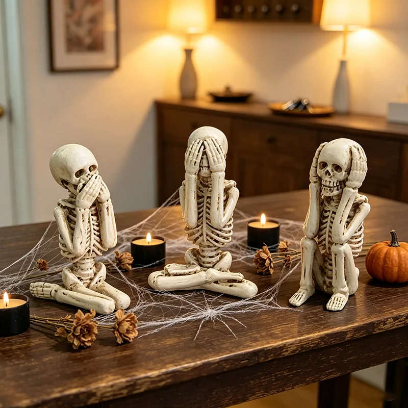 2026 New Gothic Three Skeleton Resin Statue Set Hear See Speak No Evil Halloween Tabletop Ornament Home Bar Party Decorations