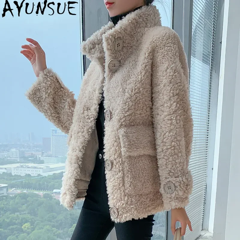 AYUNSUE Winter 100% Real Sheep Shearing Jacket Women\'s Fur Coat Famale Clothes Short Wool Coat Stand-up Collar Chaquetones Mujer