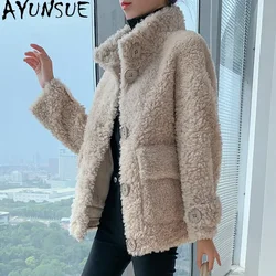 AYUNSUE-Chaqueta de esquilar de oveja Real para Mujer, abrigo de piel, ropa femenina, abrigo corto de lana, cuello alto, chaquetas para Mujer, Invierno 100%