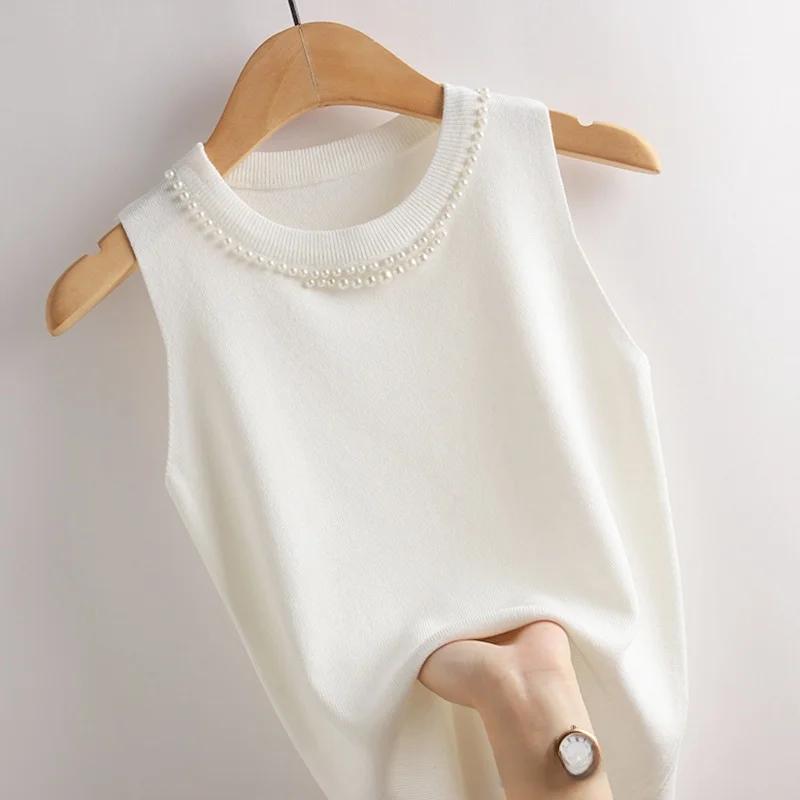 

Вязаный топ из ледяного шелка с богатой отделкой, повседневный летний модный базовый топ больших размеров, трикотажный топ без рукавов