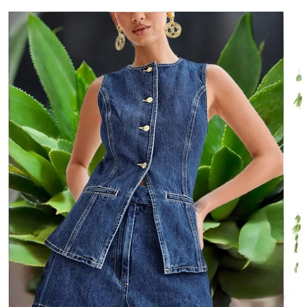 Faionable Women's Denim Svel Top And orts Set Summer New Arrival Cotton Casual Sle Five-Quarter Pants  Color