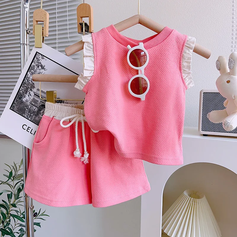 

New Girls' Suit2024Summer New Style Pink Love Sleeveless Short Sleeve Casual Shorts Children Two-Piece Set-WSNY