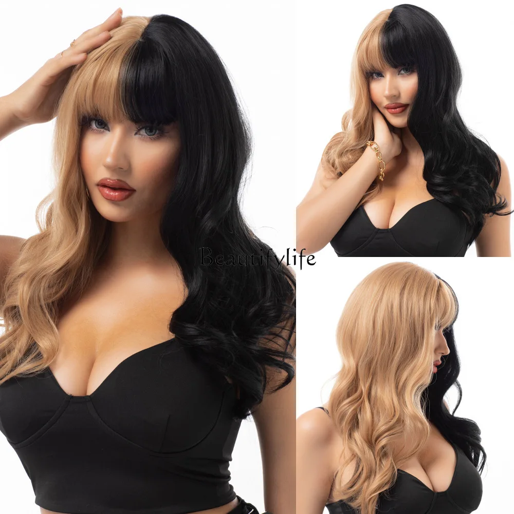 

Black and Gold Synthetic Wig Women's Bangs Long Curly Hair