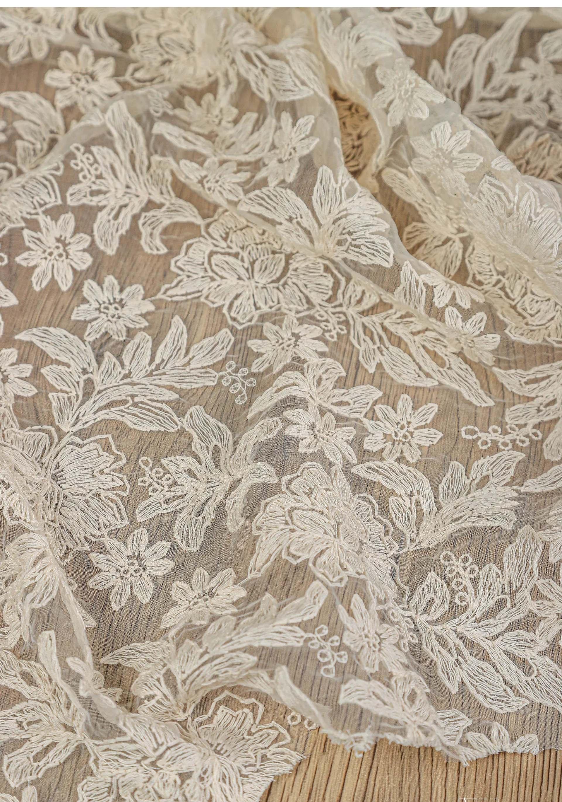 Beige Cotton Thread Embroidery Flower Mesh Lace Fabric for Dress/ Apparel Designer Sewing Fabric By The Yard