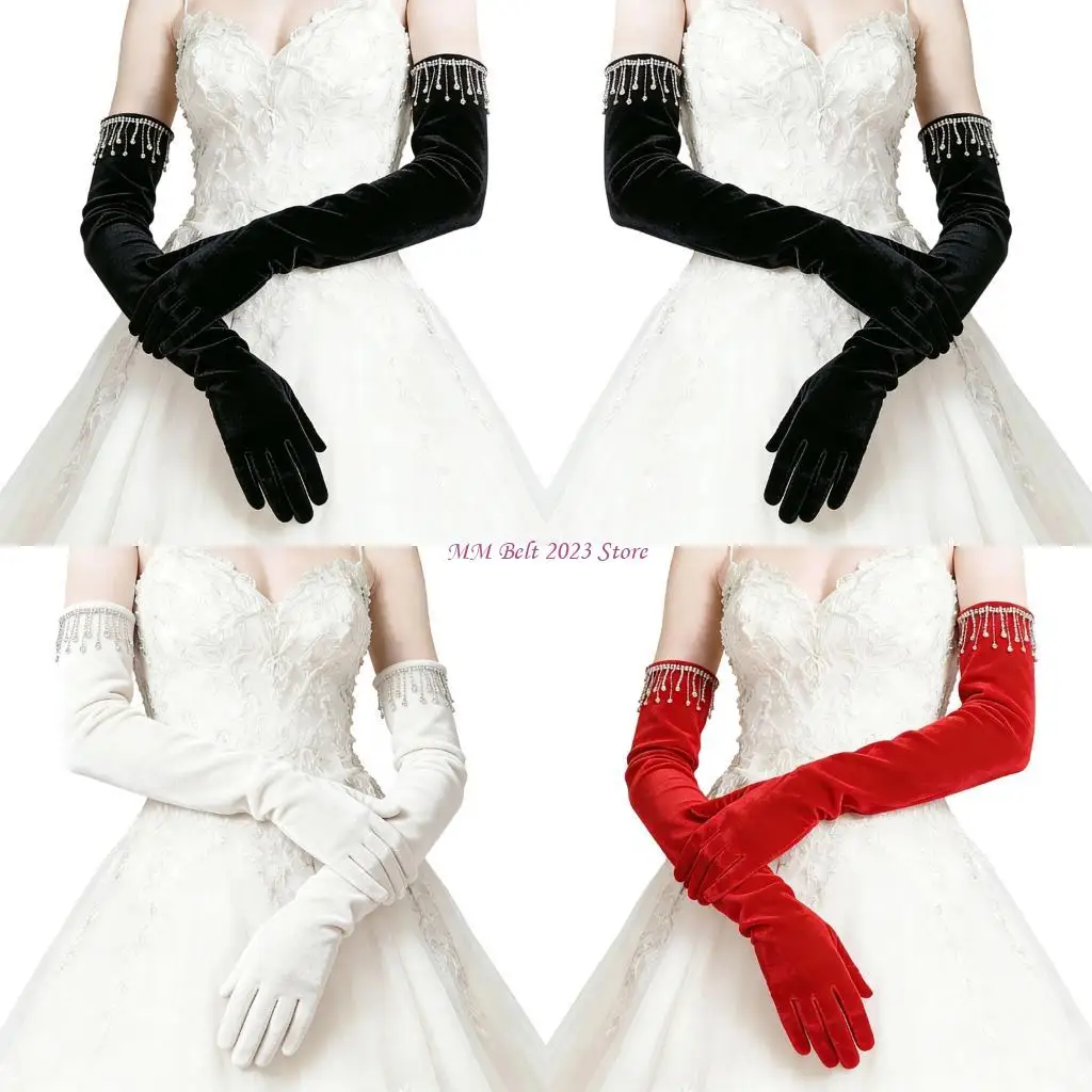 

49ME Glittering Rhinestones Decorated Long Gloves for Elegant Gatherings