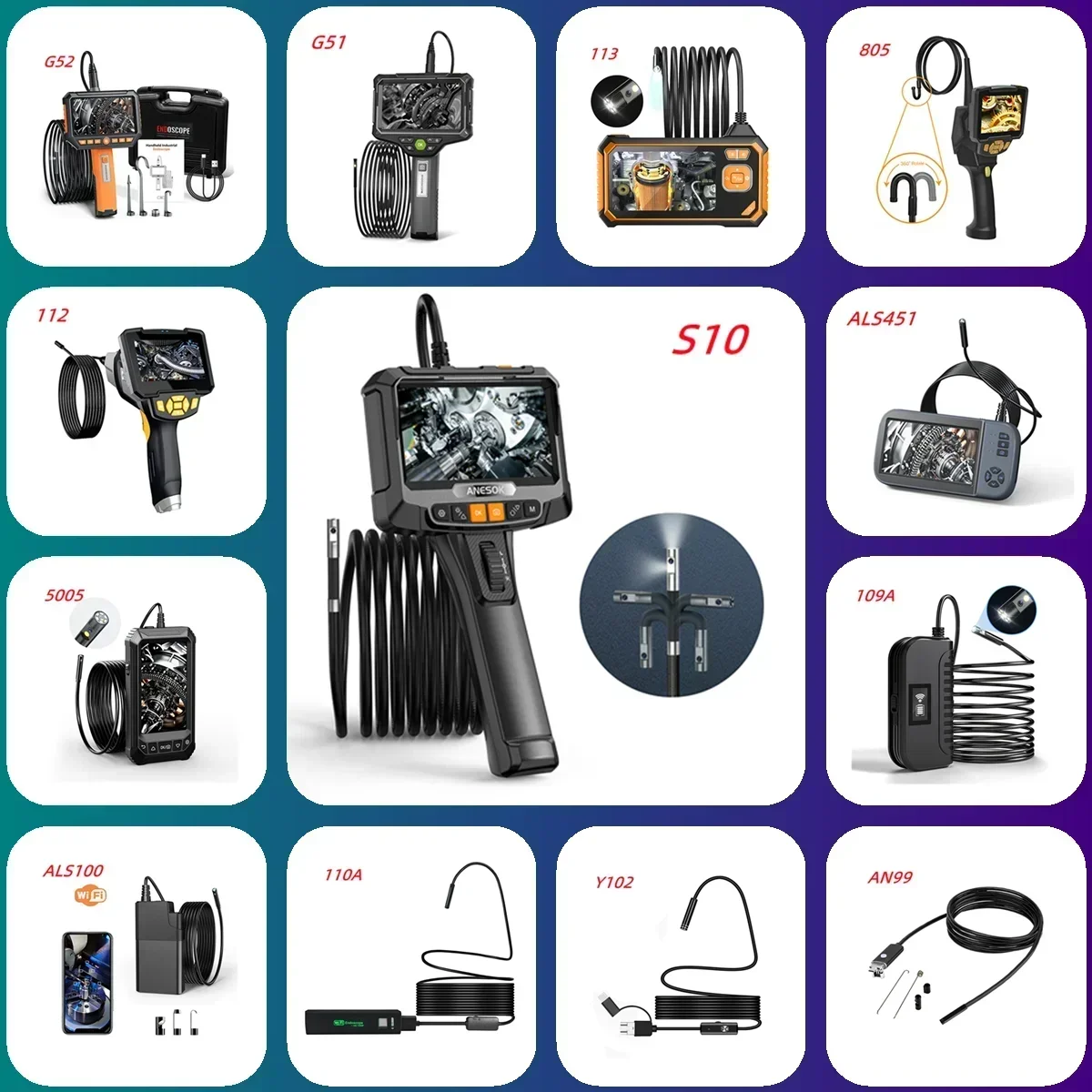 Anesok S10 Telecamera per endoscopio con sterzo bidirezionale da 180 gradi Telecamera per periscopio per auto Strumenti diagnostici per endoscopio industriale da 6,0 mm