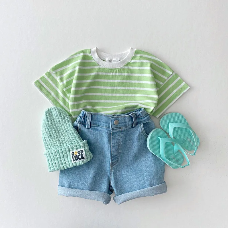 

2026 Summer New Baby Girl Cute Candy Color Striped T Shirts Children Short Sleeve Casual Tops Infant Boy Cotton Tee Kids Clothes